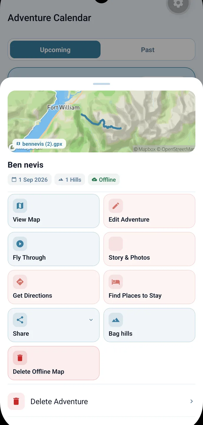 Adventure action sheet over the calendar with map, flythrough, directions and offline map options