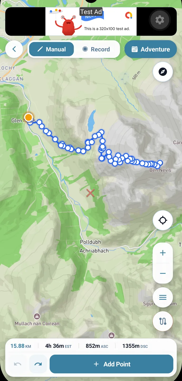 GPX route builder with a plotted route snapped to mountain paths