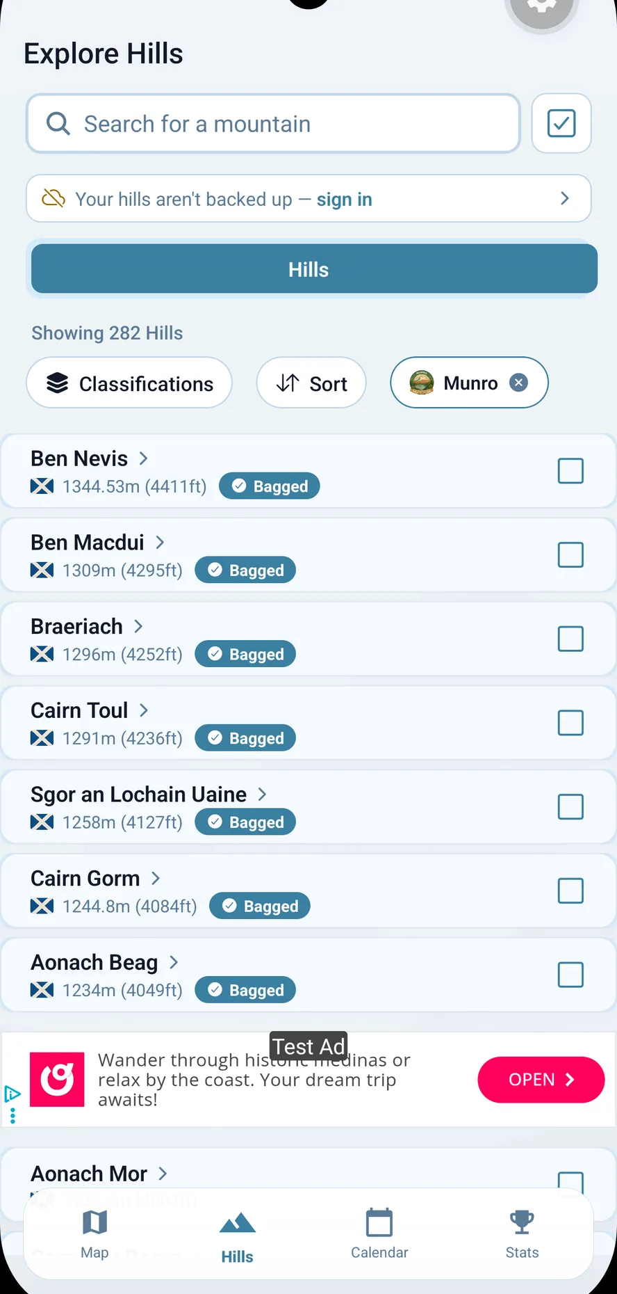 BaggedIt Explore Hills screen listing Munros with heights and bagged ticks