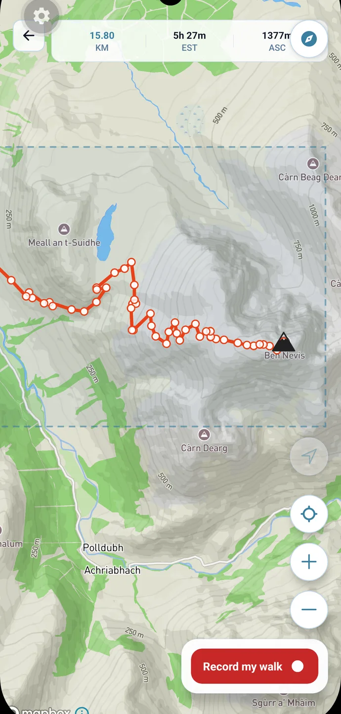 Offline map with a downloaded pack area marked over the hills