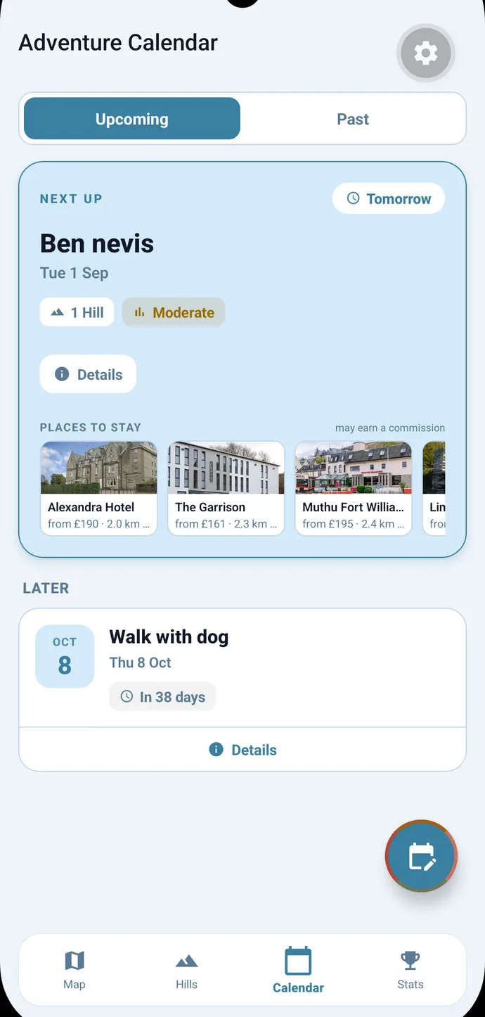 Adventure calendar showing the next planned hill day with difficulty and places to stay