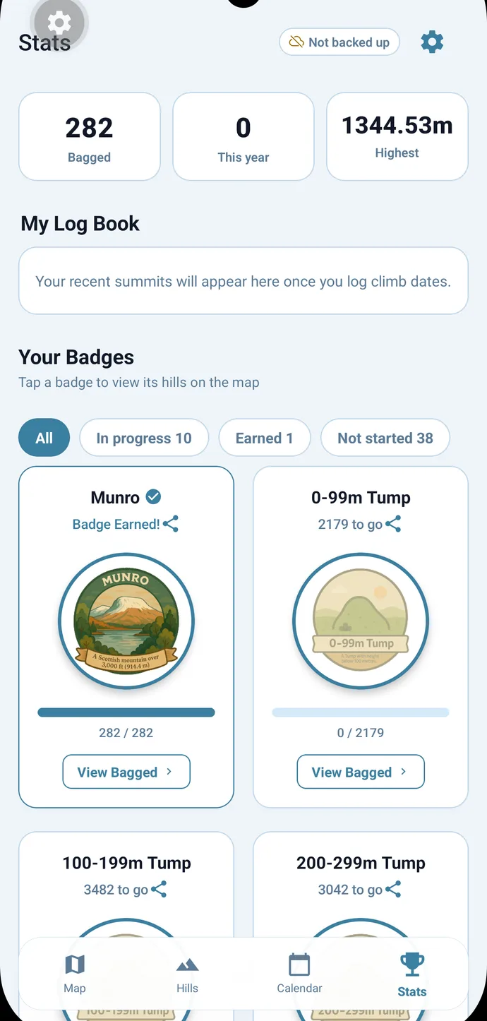 Stats screen with Munros bagged, highest summit and badge progress